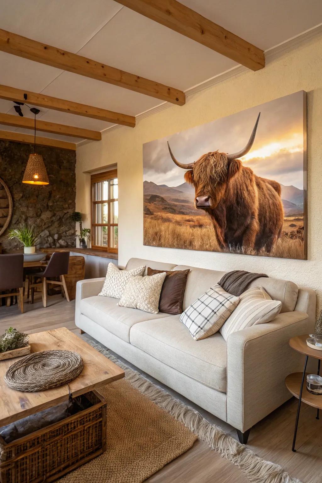 Make a statement with a bold highland cow canvas to anchor your living room.