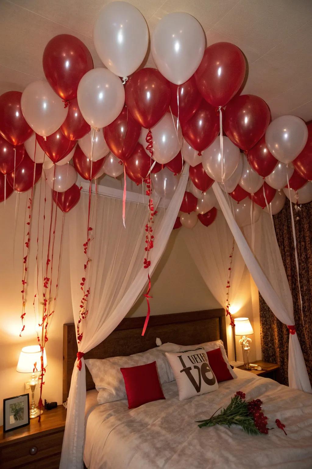 Balloons aren't just for parties; they create a whimsical canopy for romance. 🎈 #RomanticDecor #SurpriseHim