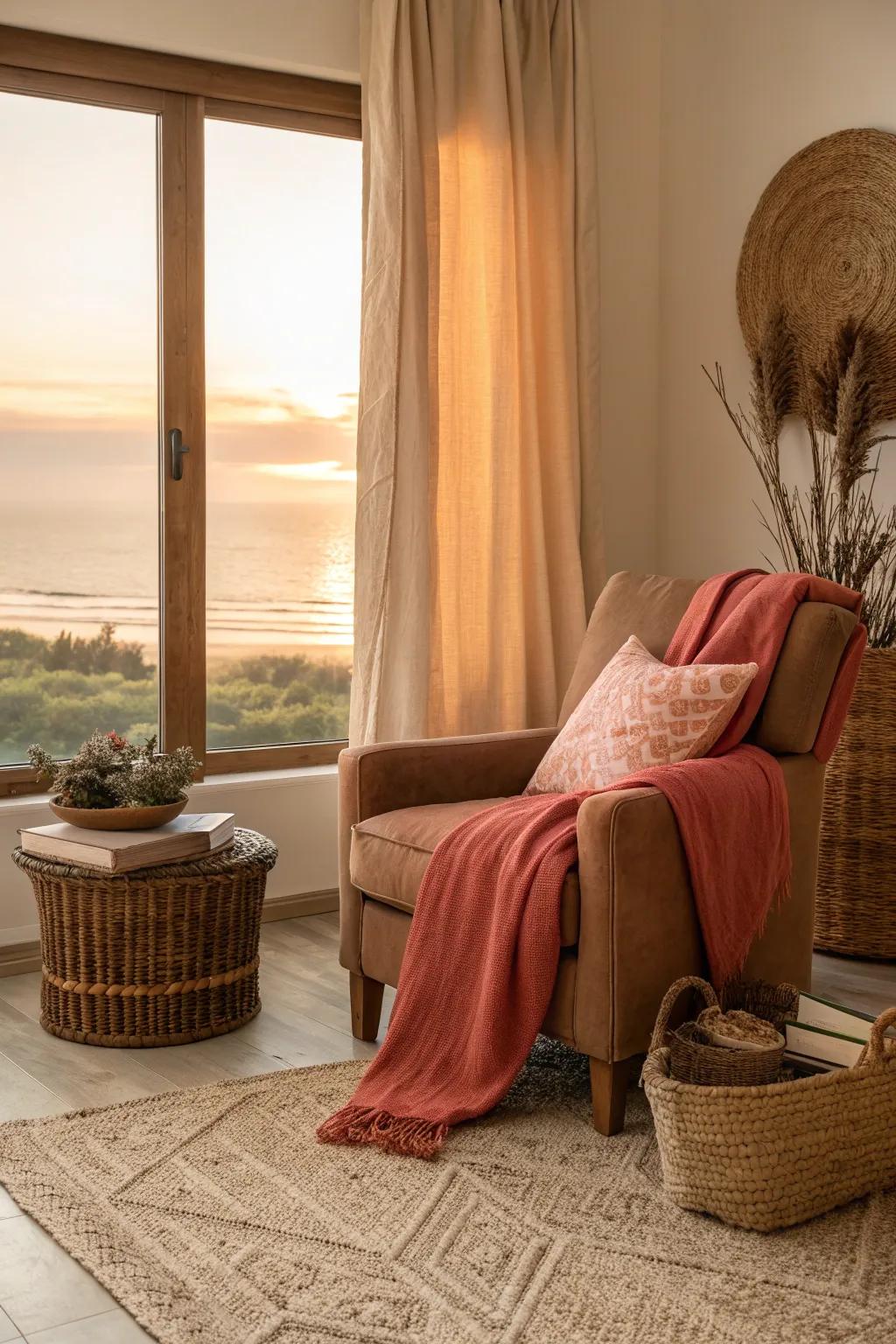 Create a warm embrace in your living room with comforting earth tones that radiate tranquility.