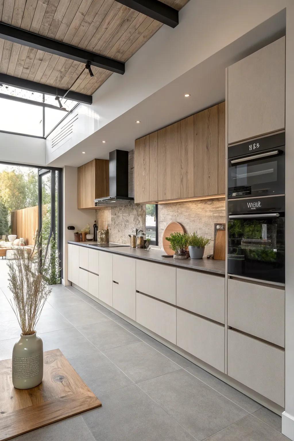 Experience the tranquility of sleek minimalism with handleless cabinets and integrated appliances.