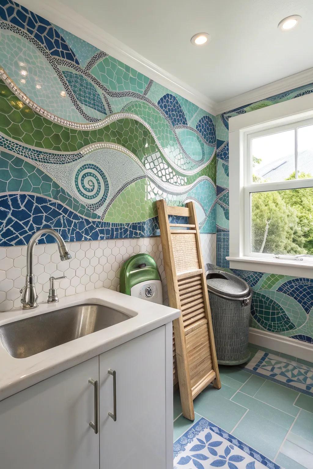 Bring an artistic flair to your laundry room with colorful mosaic tiles that make every wash day a joy.