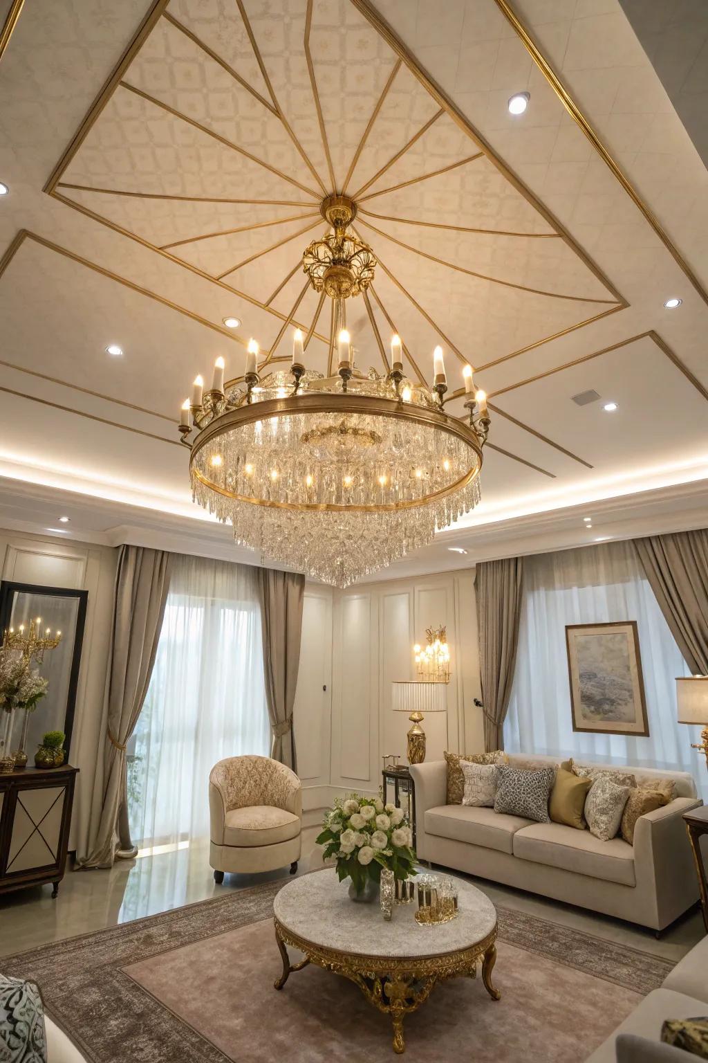 A grand chandelier adds elegance and draws attention to high ceilings. #StatementLighting #CeilingDecor