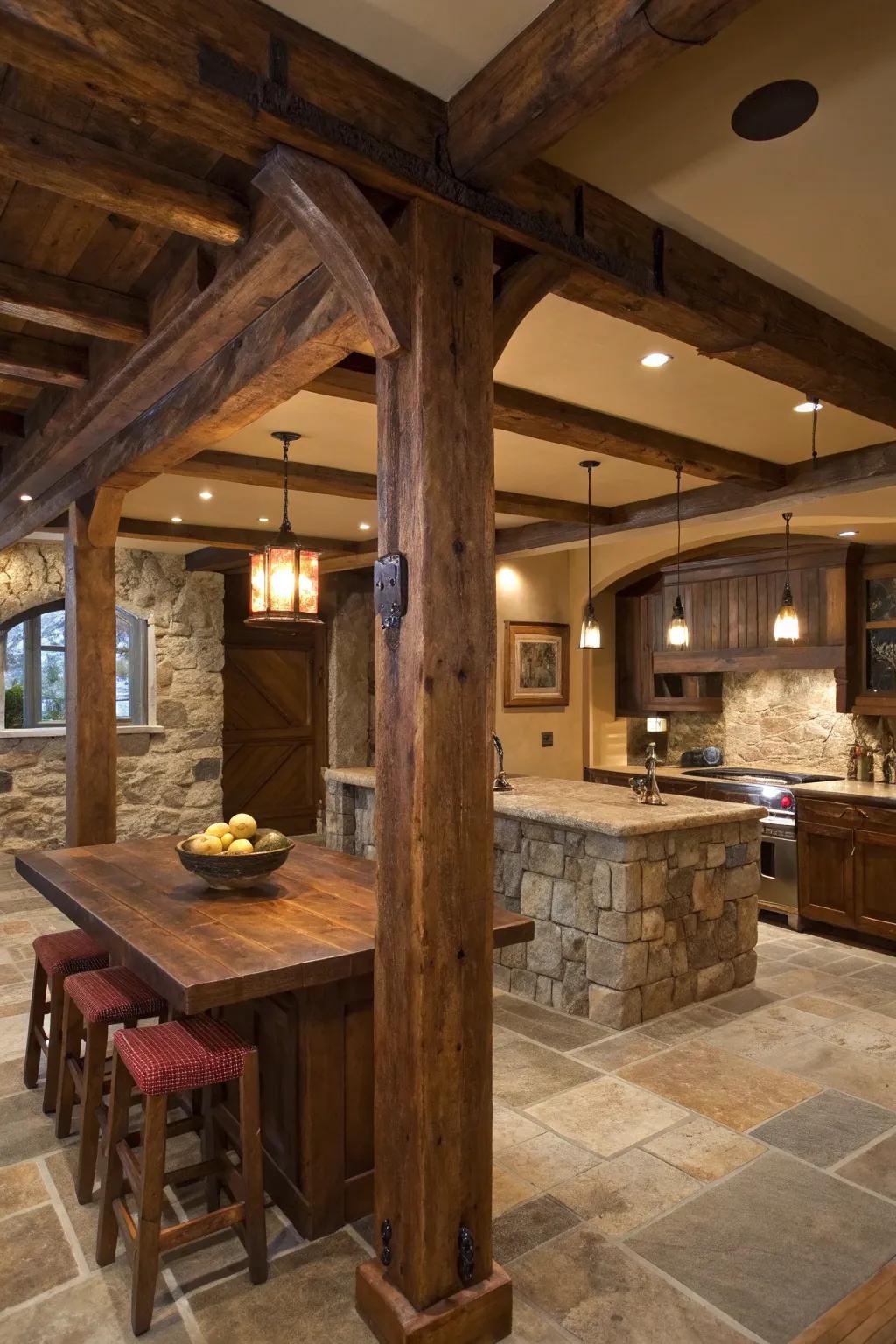 Bring the warmth of rustic charm to your kitchen with exposed beams and natural textures.