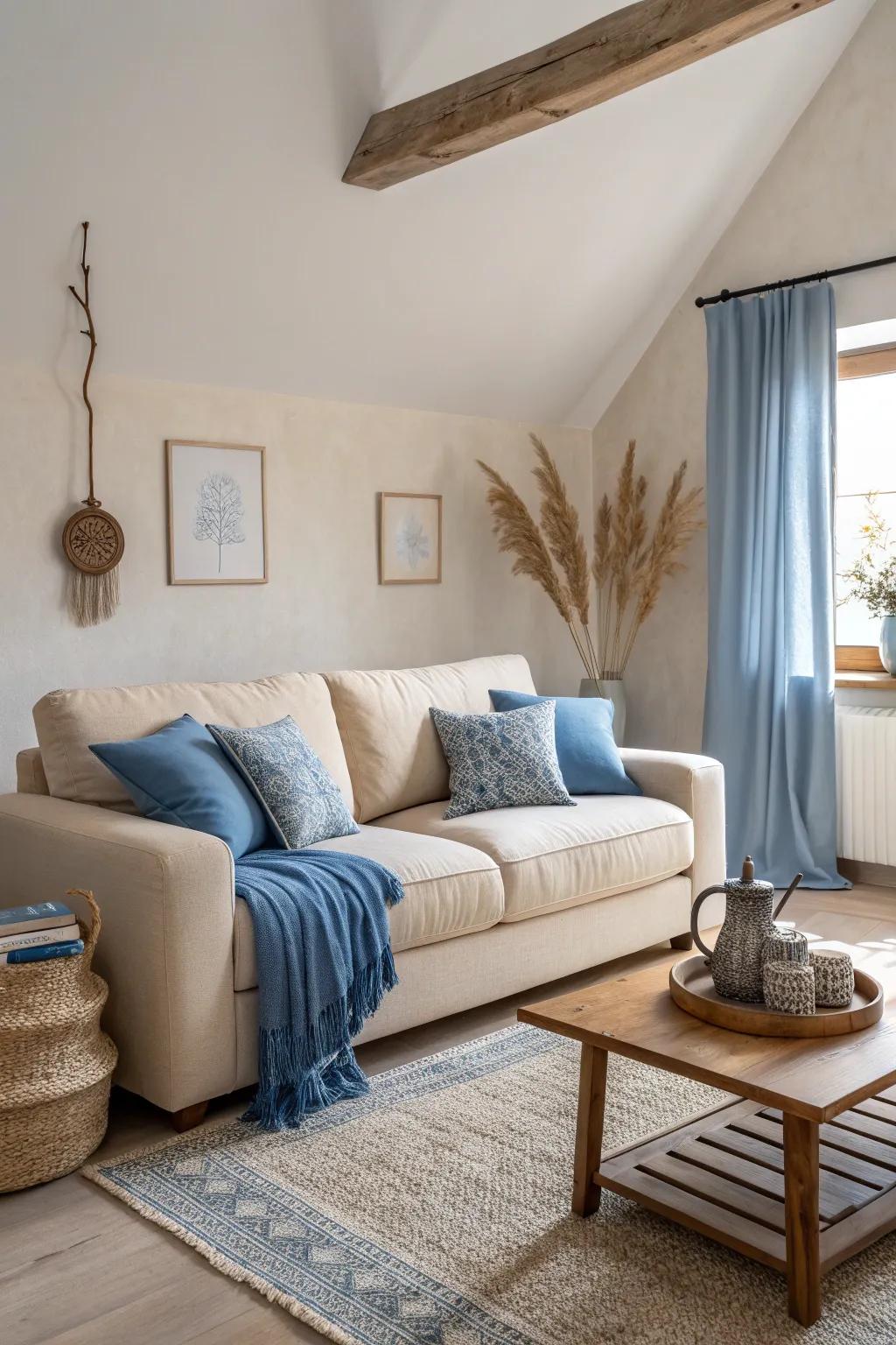 A beige foundation sets a calm and cozy tone, perfect for layering blues.