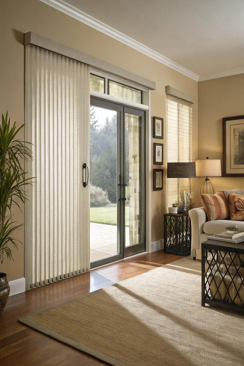 Vertical blinds offer a classic look with modern functionality, perfect for large glass doors.