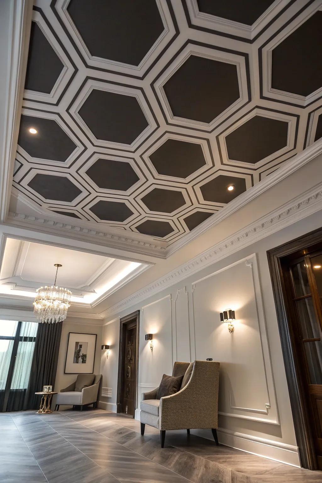 Elevate your space with a bold geometric coffered ceiling that adds architectural flair. #InteriorDesign #CeilingGoals #HomeDecor