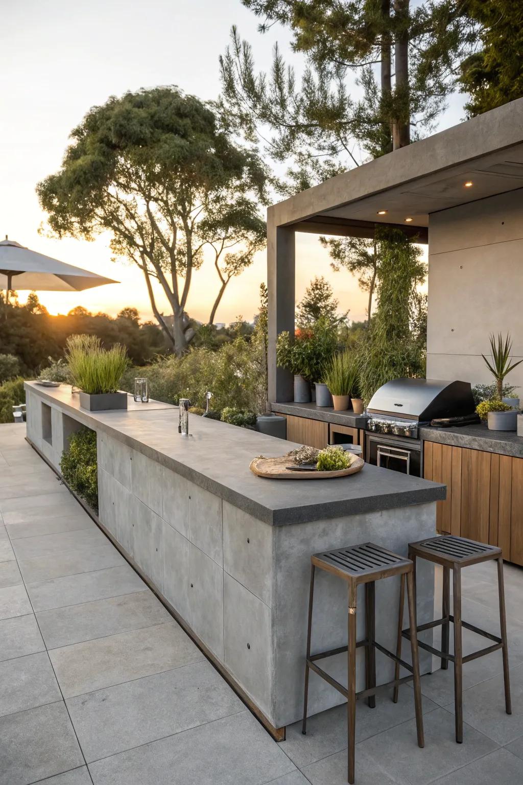Elevate your outdoor cooking with sleek concrete countertops that combine durability and style.