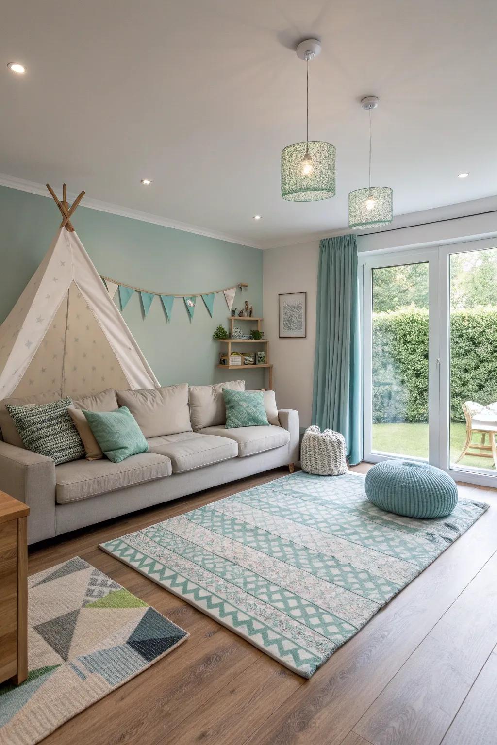 Open spaces create harmony between relaxation and play in one cohesive area.