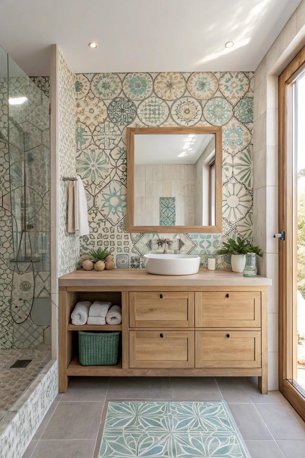 Modern geometry meets timeless elegance in this stunning bathroom mosaic design.