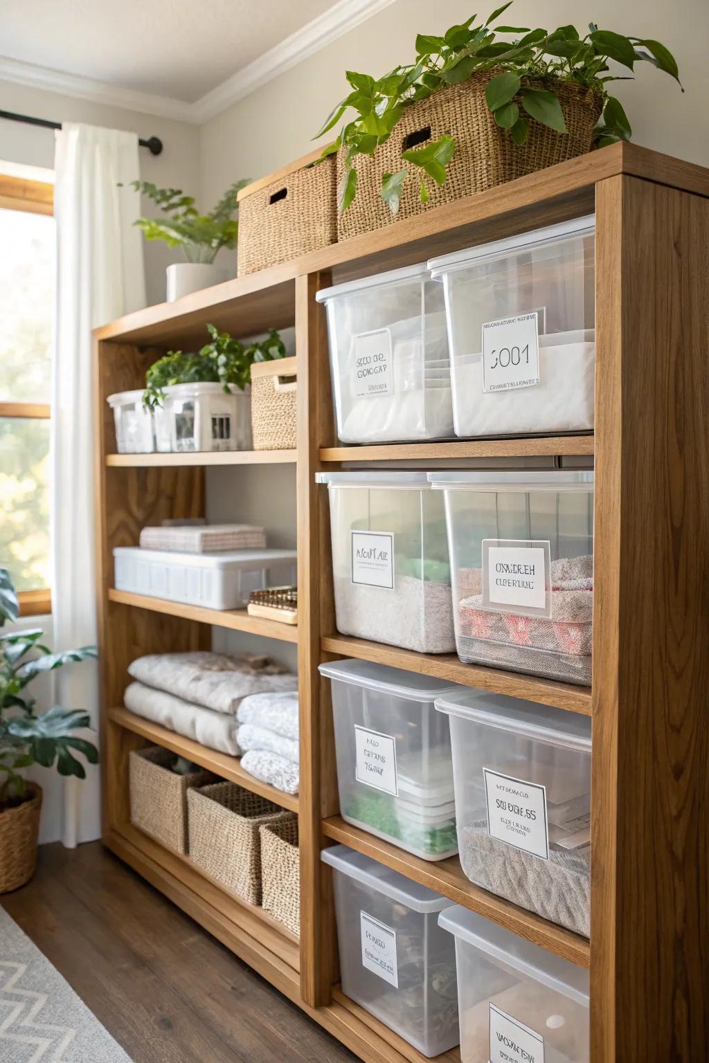 See everything at a glance with clear storage bins in your office cabinet.