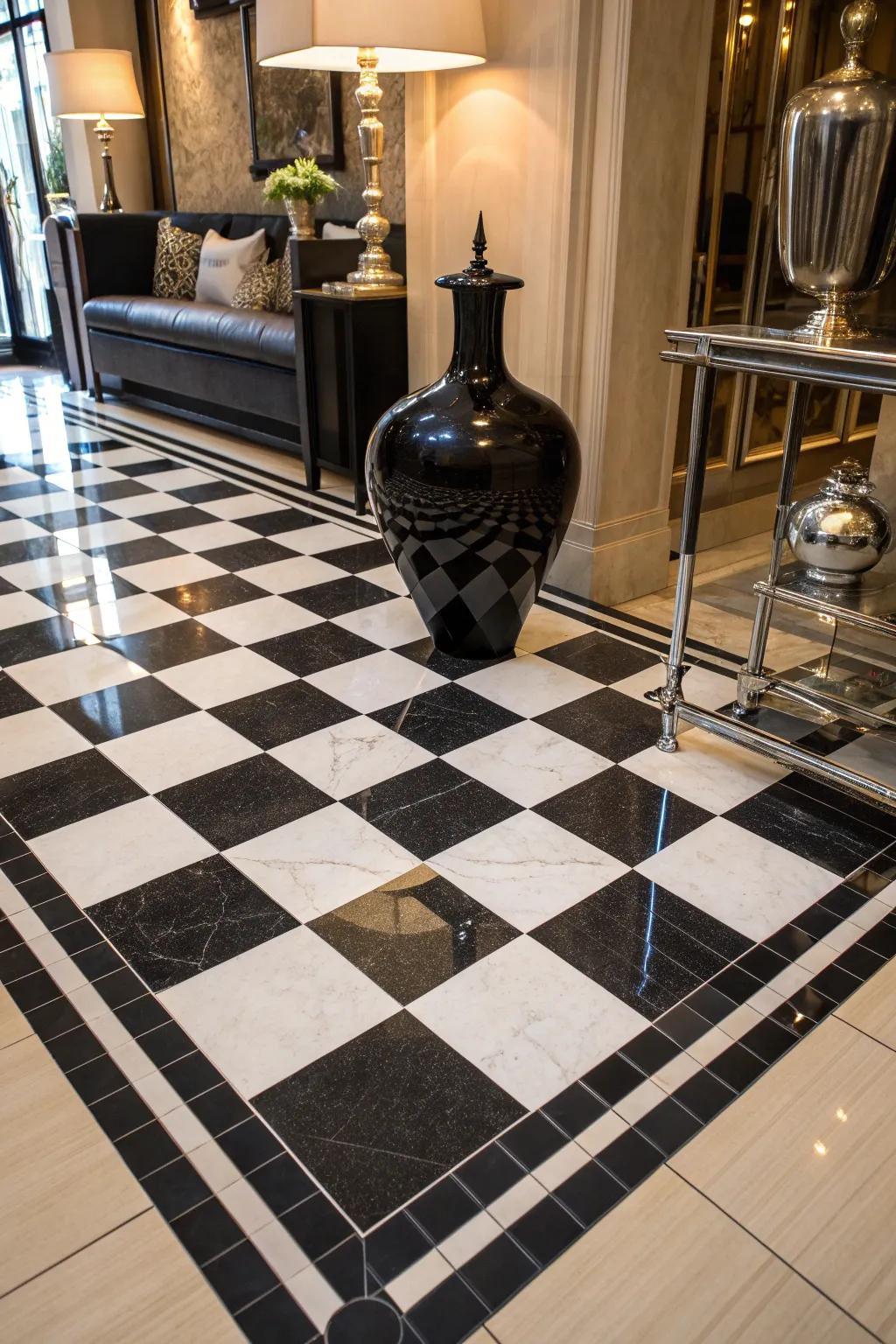 Elevate your space with the classic charm of a black and white checkerboard pattern.