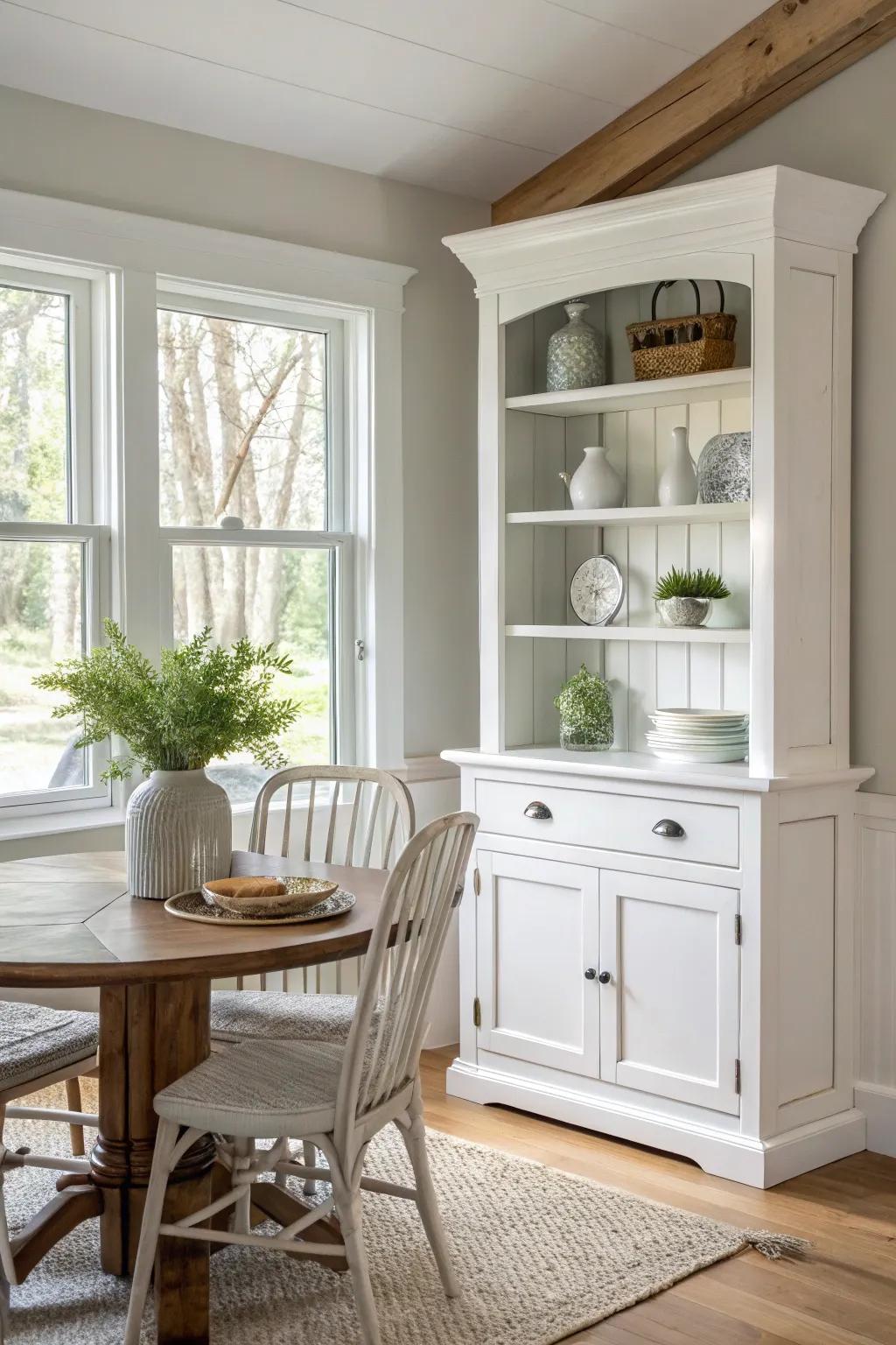 A classic white corner hutch brings timeless elegance to any space.