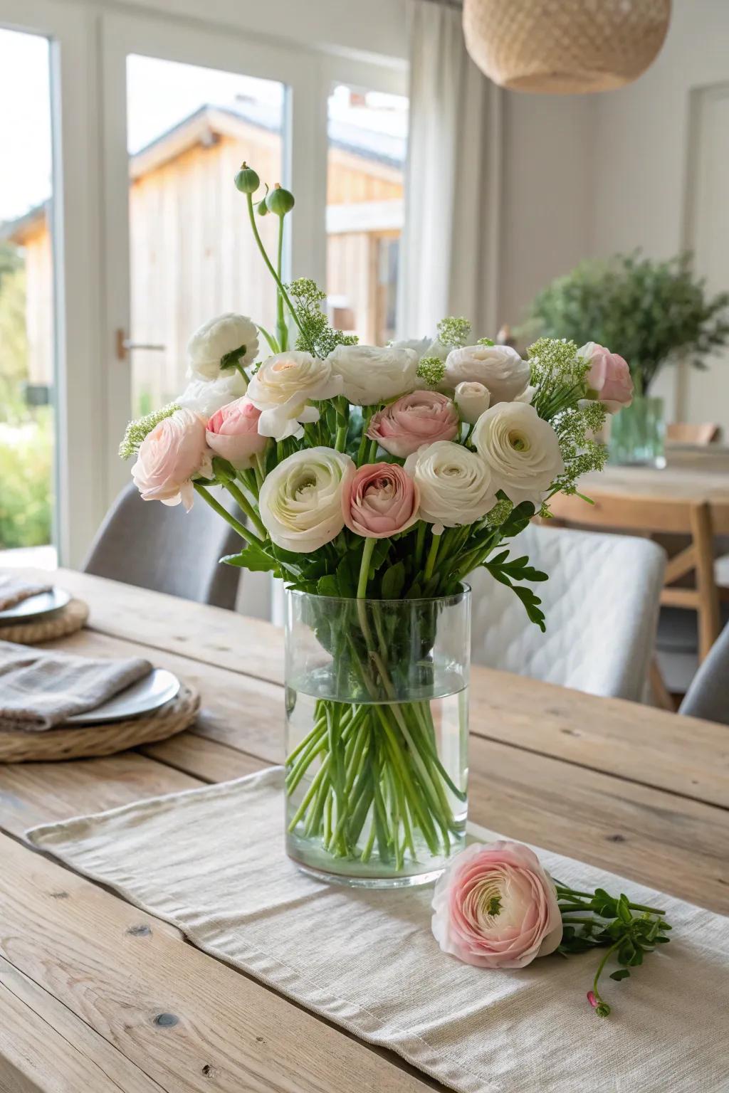 Create a sophisticated dining experience with a chic ranunculus vase arrangement.