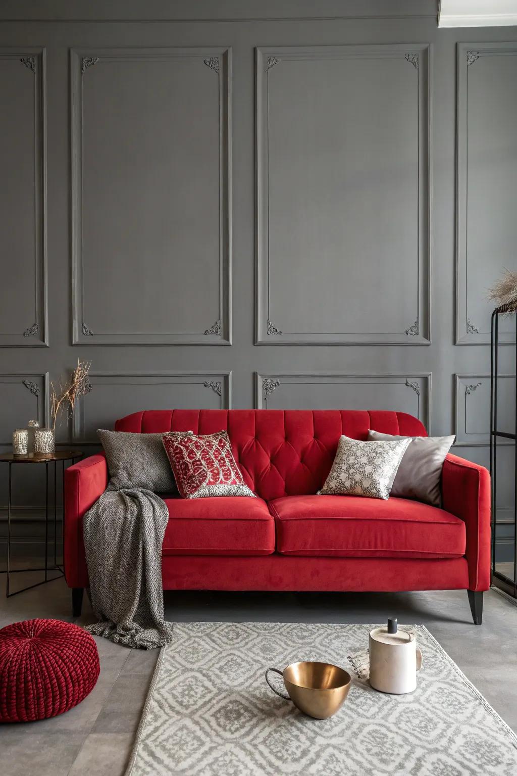 Elevate your space with gray walls and vibrant red furnishings for a modern and welcoming vibe.