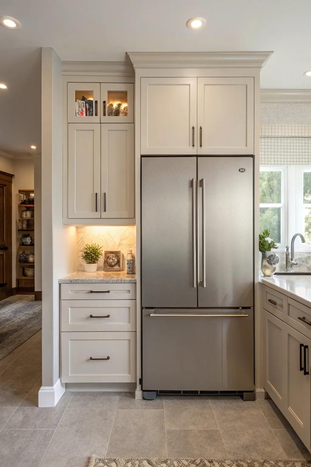 Achieve a seamless look with custom cabinets that blend your fridge into the kitchen's flow.