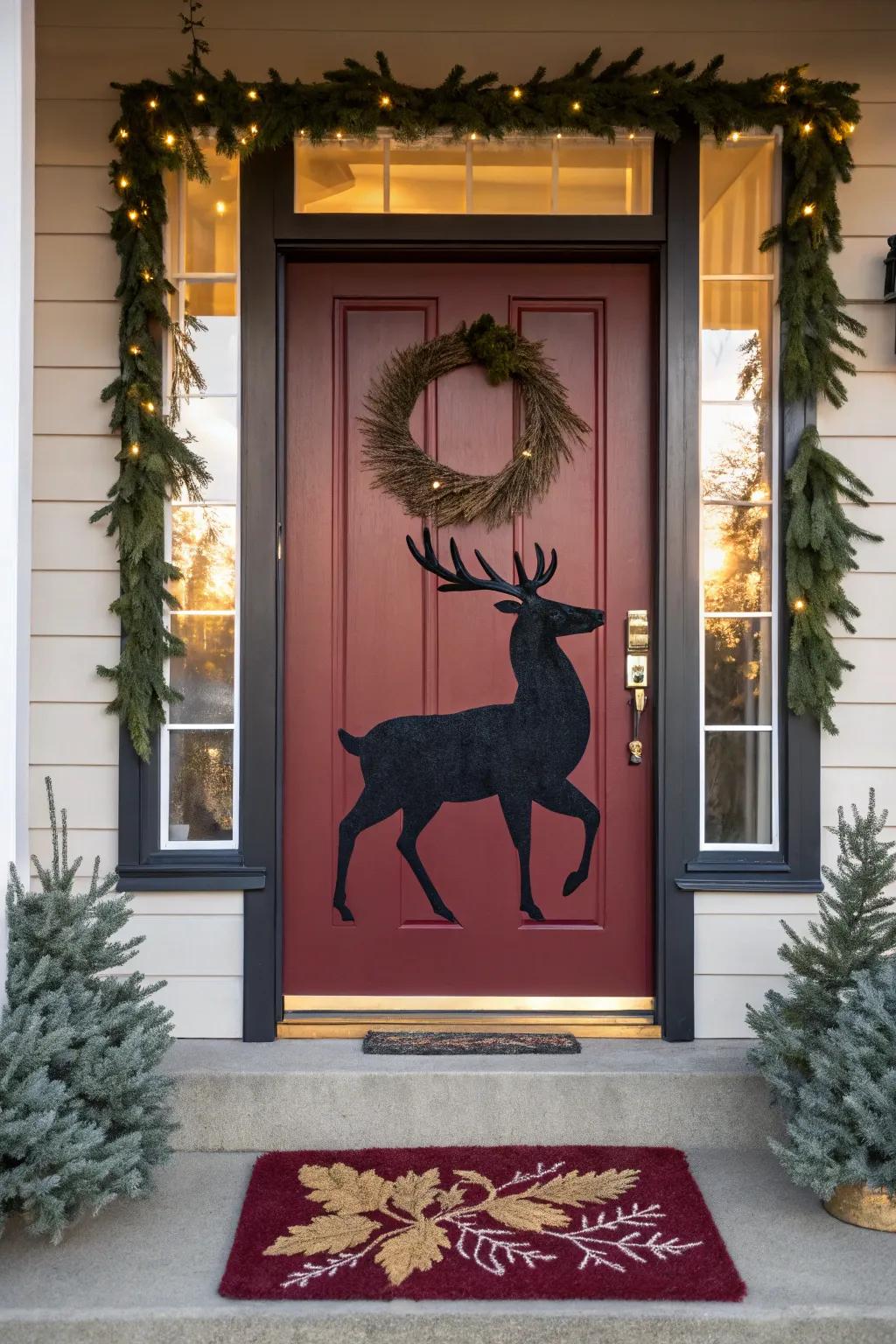 A classic reindeer silhouette adds timeless charm to any holiday door decor.