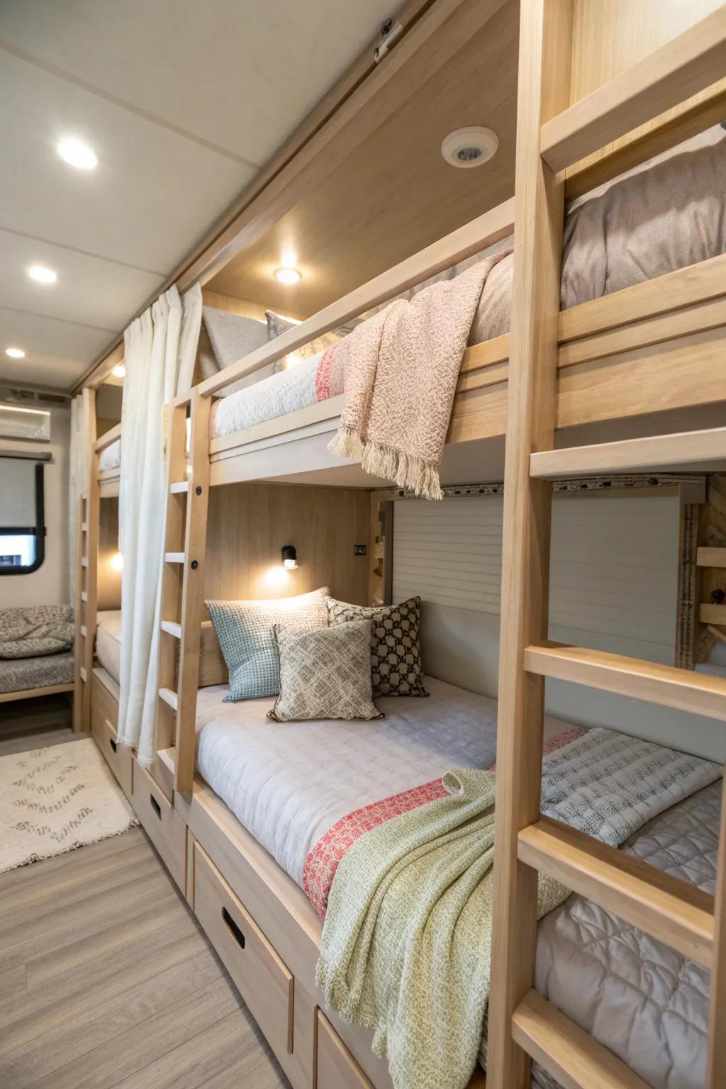 Vertical bunk beds are a space-saving marvel in any RV. #RVDesign #SpaceOptimization