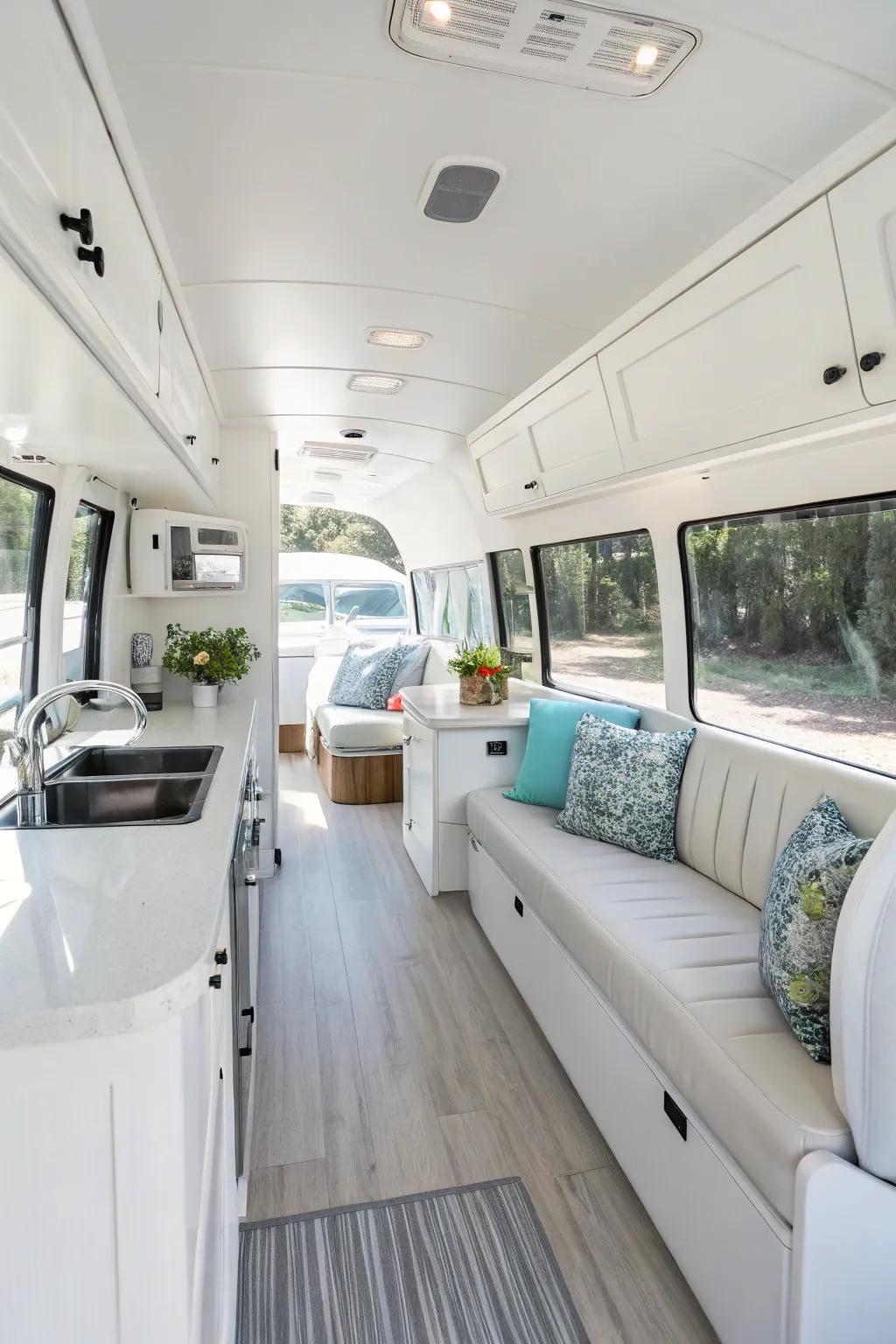 Bright white walls can make your RV feel larger and more inviting. Perfect for those who love a clean, minimalist look.