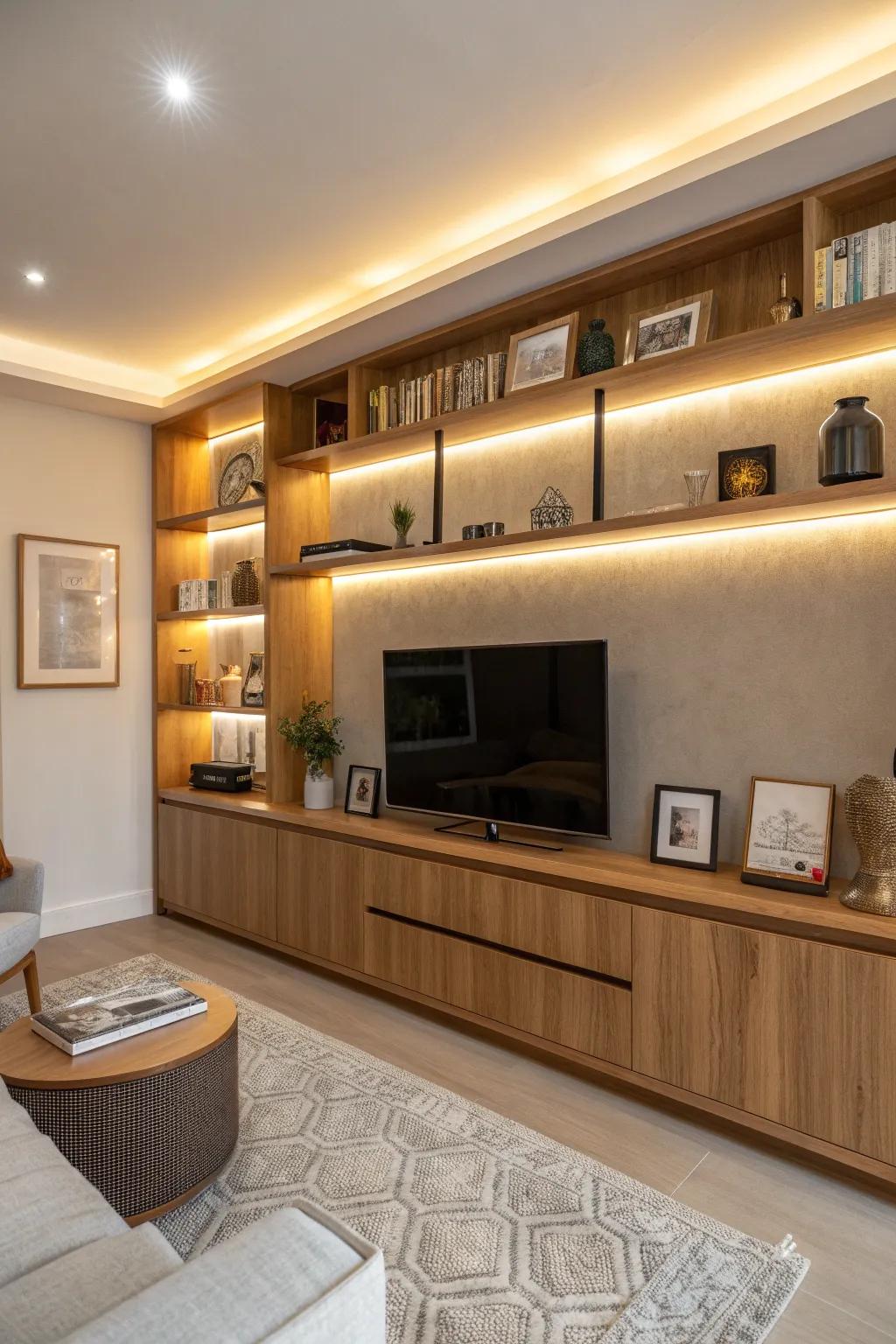 Seamless LED strips bring a modern touch to your shelves, illuminating your treasures beautifully.