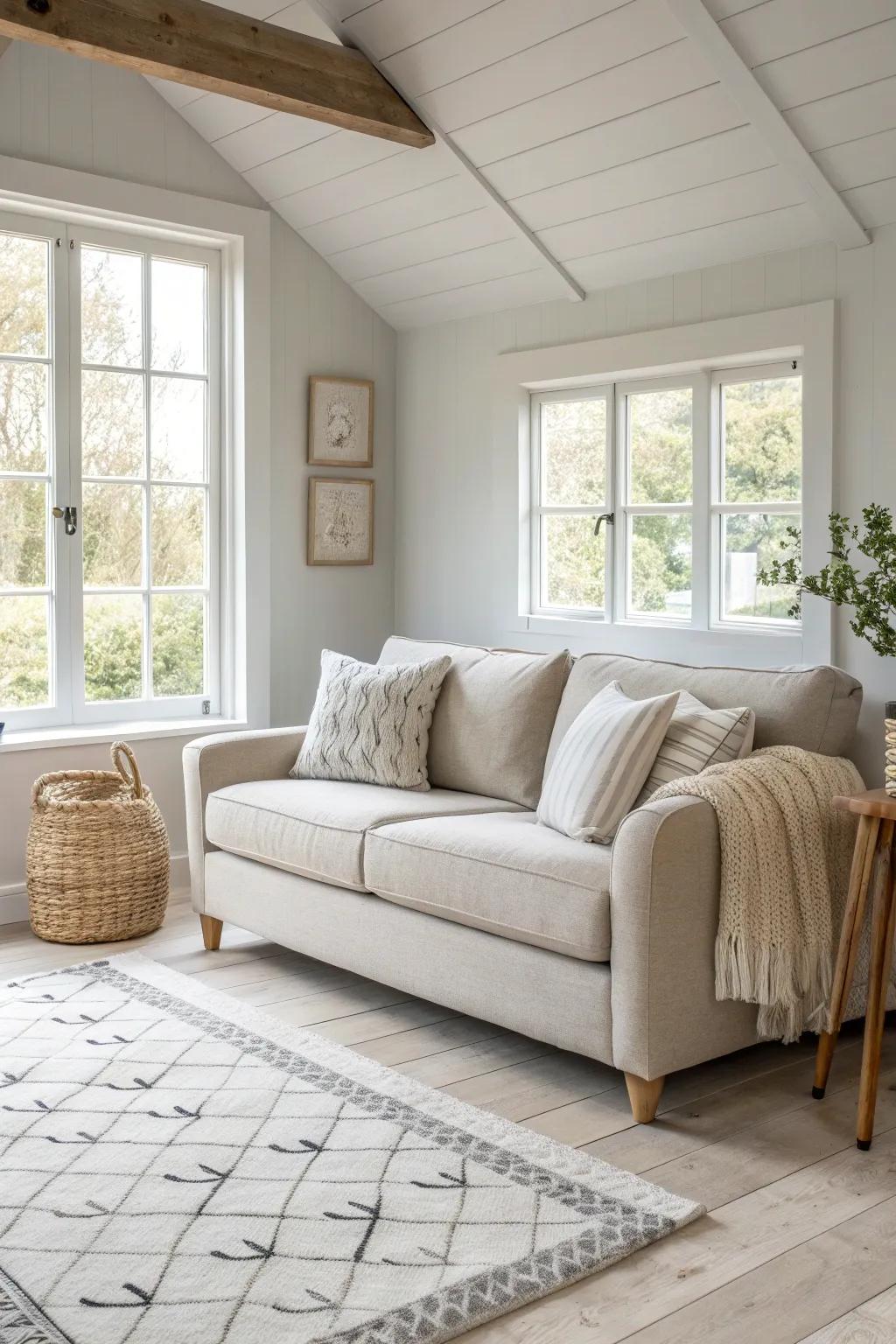 Neutral hues create a spacious and calming atmosphere for a welcoming home.