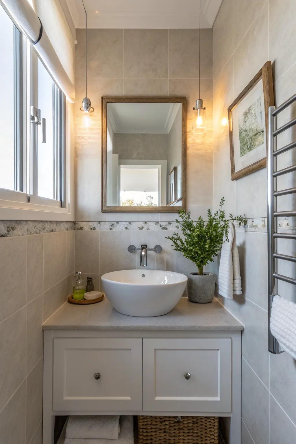 A wall-mounted sink creates an airy feel in a small bathroom, perfect for minimalist lovers.