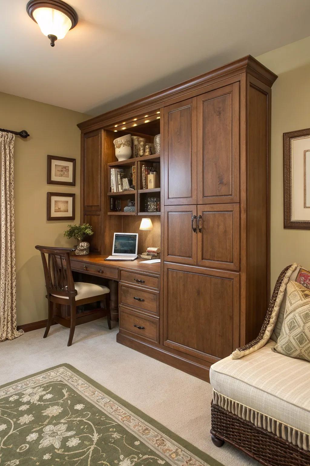 Rediscover charm with a Murphy bed disguised as a classic wood cabinet, perfect for space savers.