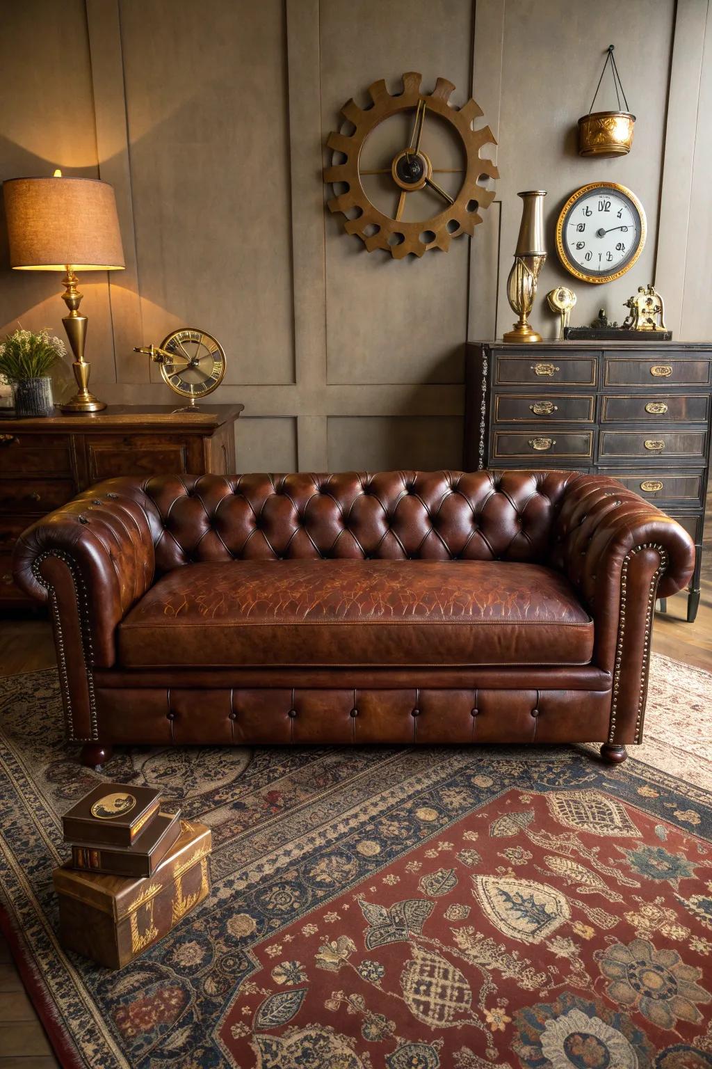 A classic Chesterfield sofa brings timeless Victorian elegance to your steampunk setting.