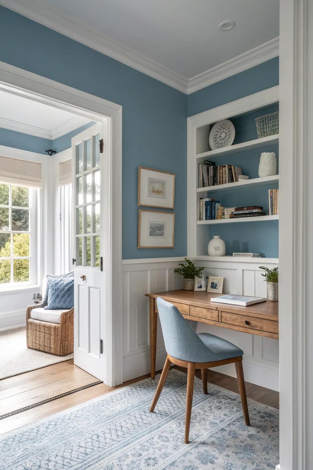 Dive into tranquility with blue walls that enhance your concentration.