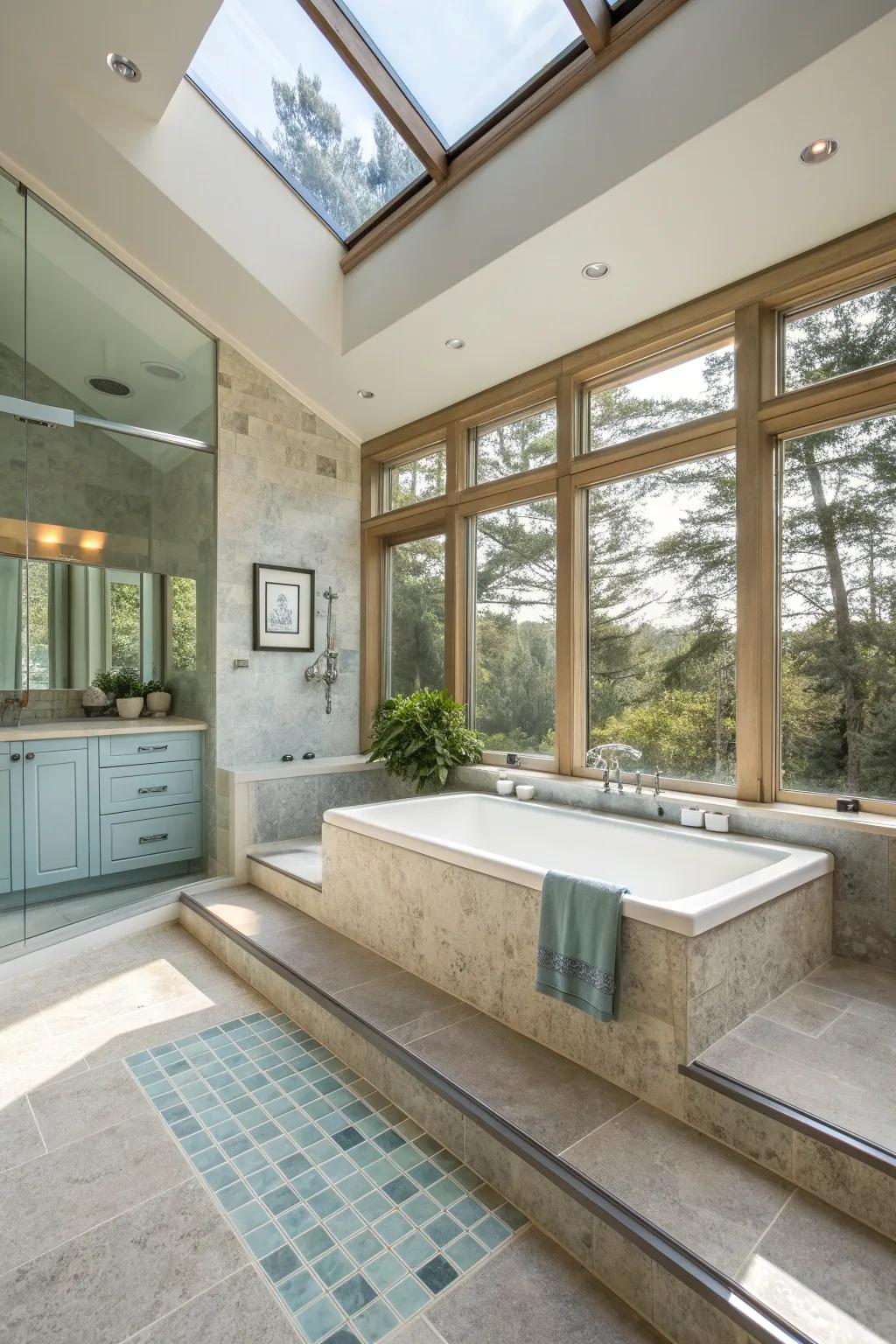 Achieve a seamless aesthetic with a bathtub that blends effortlessly into your bathroom floor.