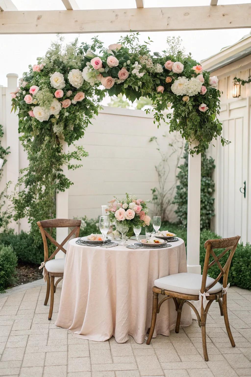A lush floral arch creates a romantic frame for your sweetheart table, bringing nature's beauty indoors.
