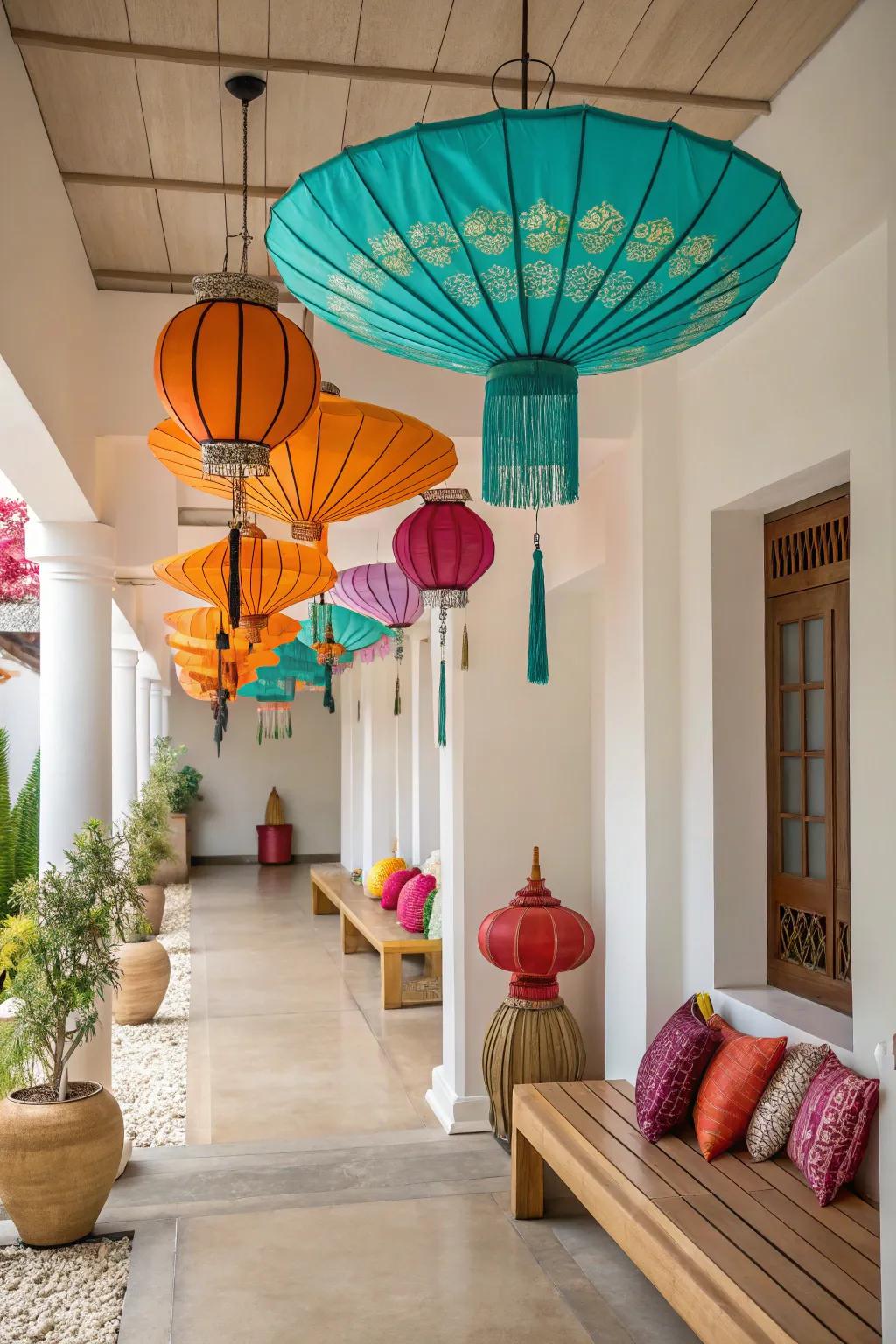 Infuse your space with vibrant colors using traditional Thai umbrellas and lanterns.