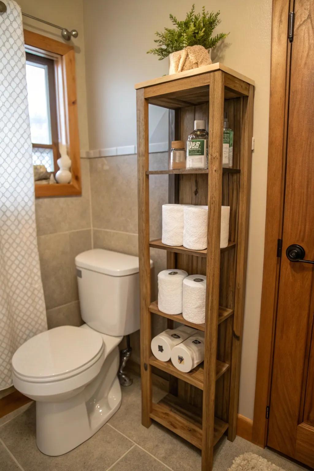 Maximize your bathroom's vertical space with a sleek, narrow shelving unit for extra storage.