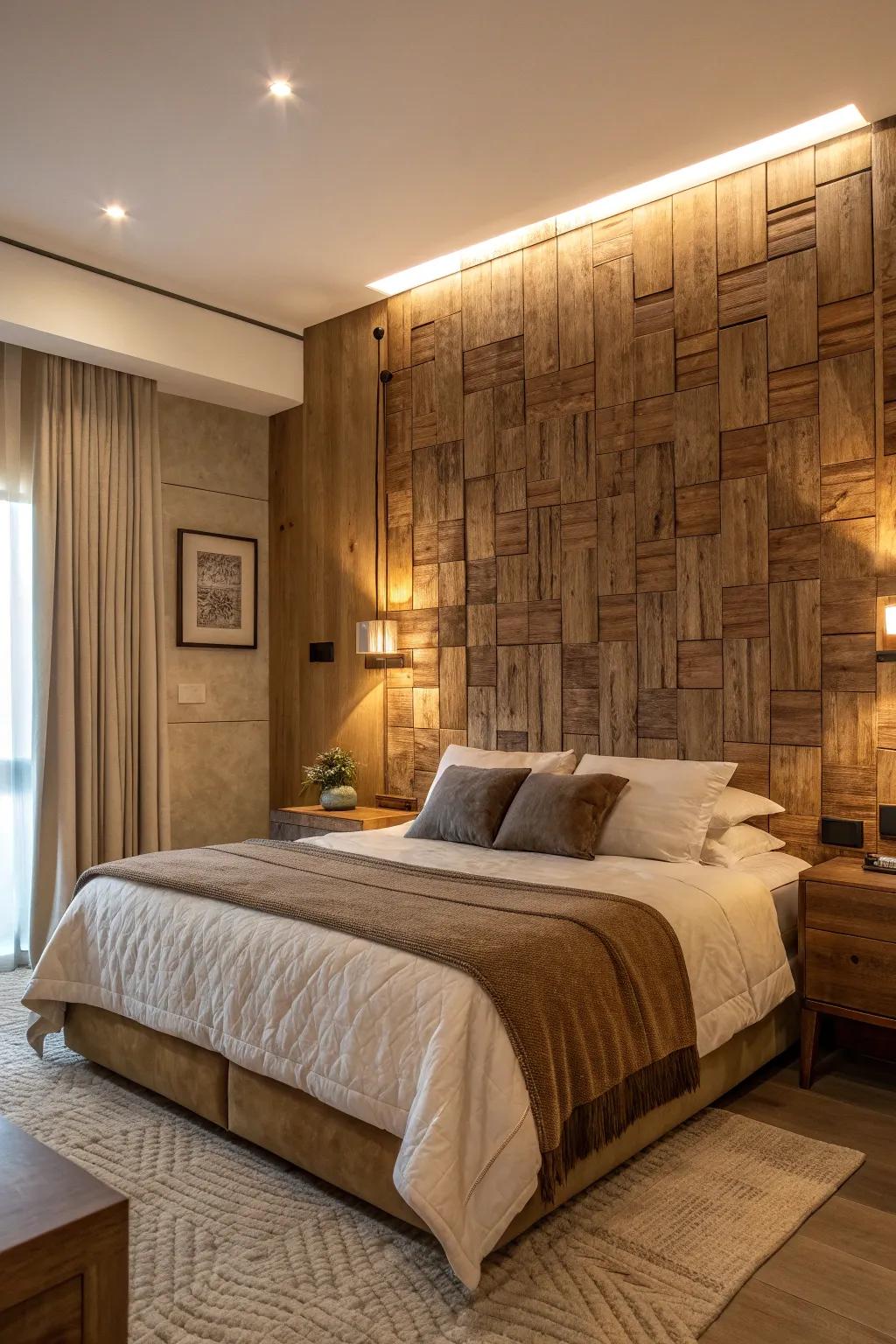 Cozy up with the natural warmth of textured wood paneling for a bedroom that feels like a retreat.