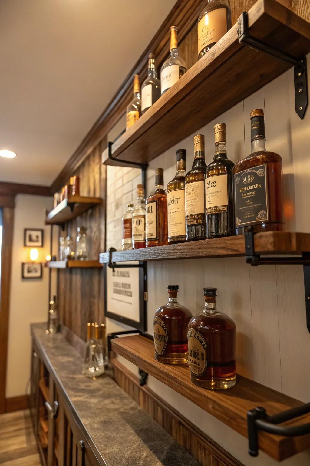 Add rustic charm to your home with wall-mounted shelves that beautifully display your whiskey collection.