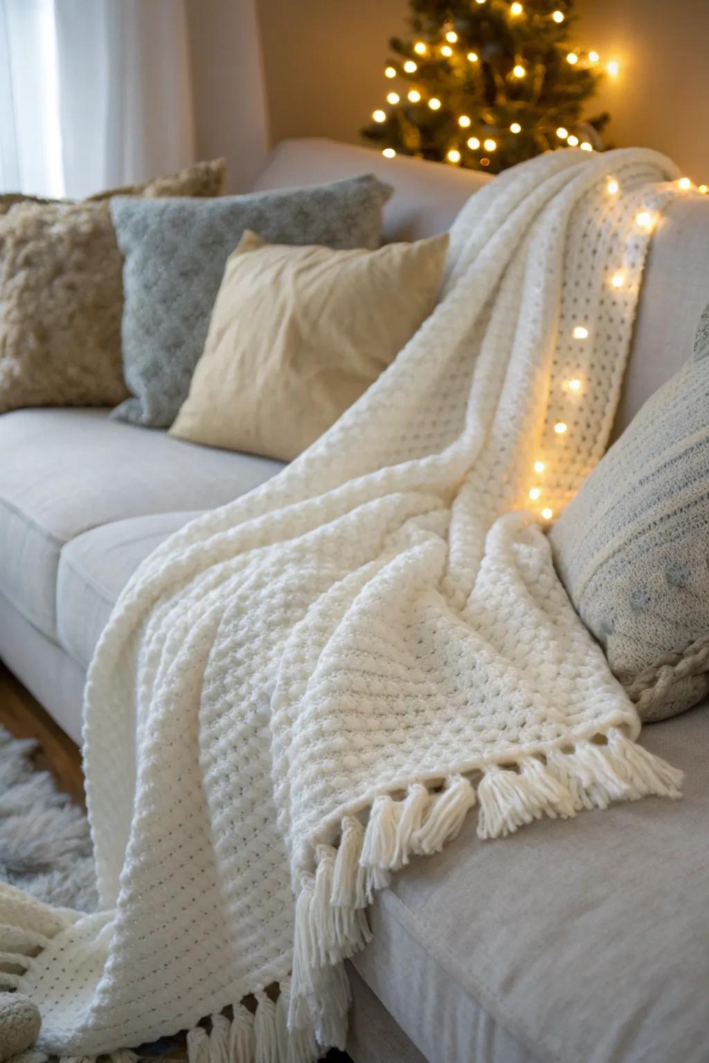Snuggle up with a white knit throw that adds texture and comfort to your space.