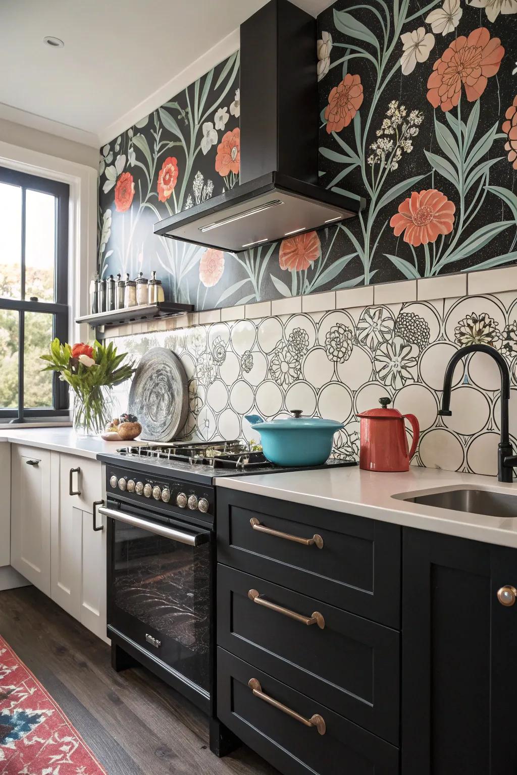 Elegant floral designs add a touch of femininity to this sophisticated kitchen.