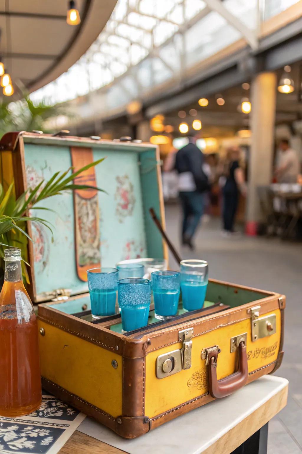 Travel back in time with a vintage suitcase drink display that adds charm and nostalgia.