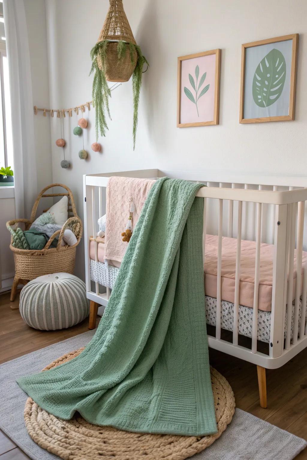 Soft green throws add warmth and style, perfect for a cozy nursery.