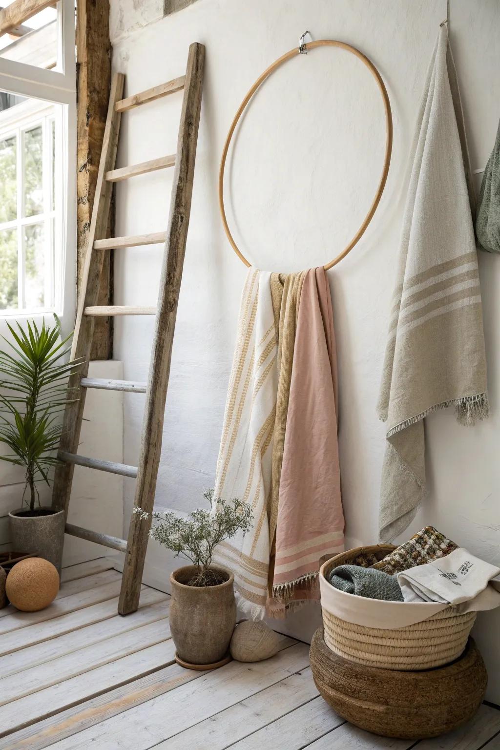 Add depth and dimension to your decor with layered fabric art on a hula hoop. #FabricArt #LayeredDesign