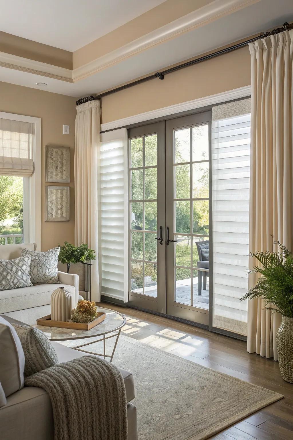 Layered blinds provide versatile light control, blending practicality with style.