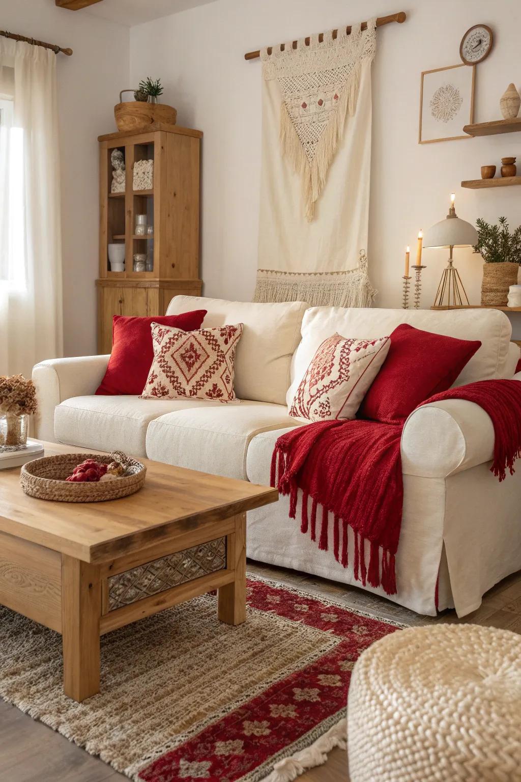 Create a warm, layered look with bohemian red and cream touches. #BohoChic #LayeredLiving