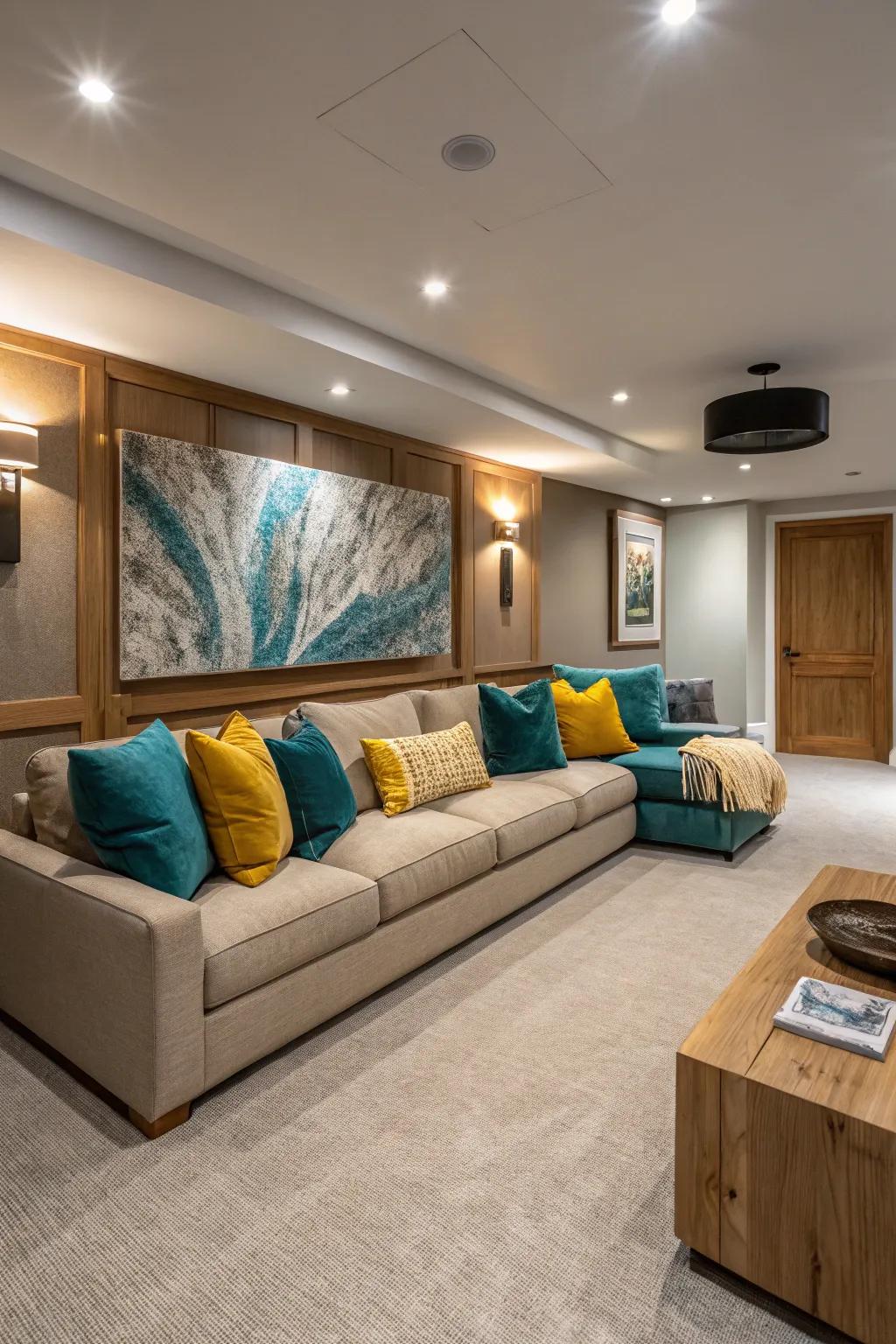 Bold color accents bring energy and vibrancy to your media room. 🎨 #ColorPop #VibrantDesign