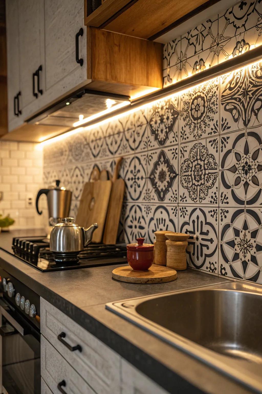 Vintage-inspired tiles bring nostalgic warmth to this inviting kitchen.