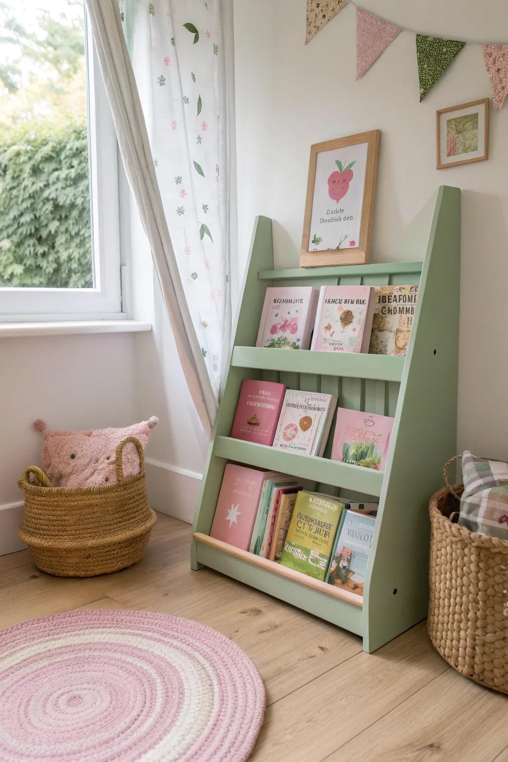 A pink and green book display inspires early reading and enhances nursery charm. 📚🌟 #ReadingNook #NurseryDesign
