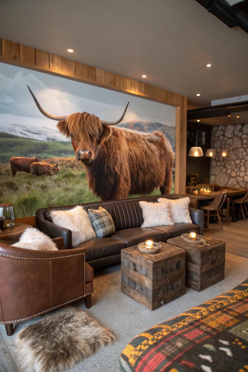 Turn a wall into a masterpiece with a stunning highland cow mural that captivates.