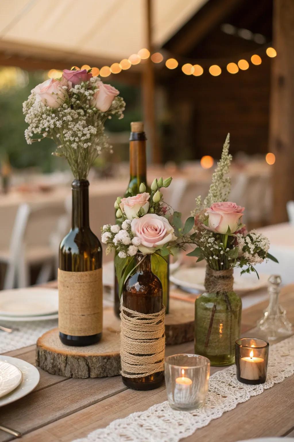Wine bottles repurposed as vases add rustic charm. 🍷 #UpcycledDecor #RusticChic