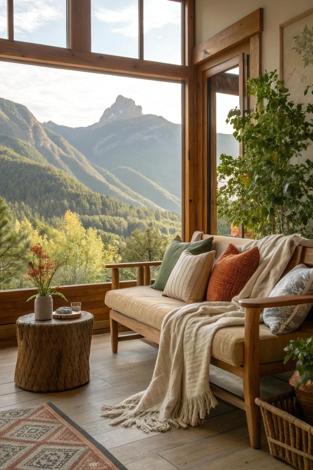 Natural fabrics create a serene and cohesive environment, perfect for mountain living.