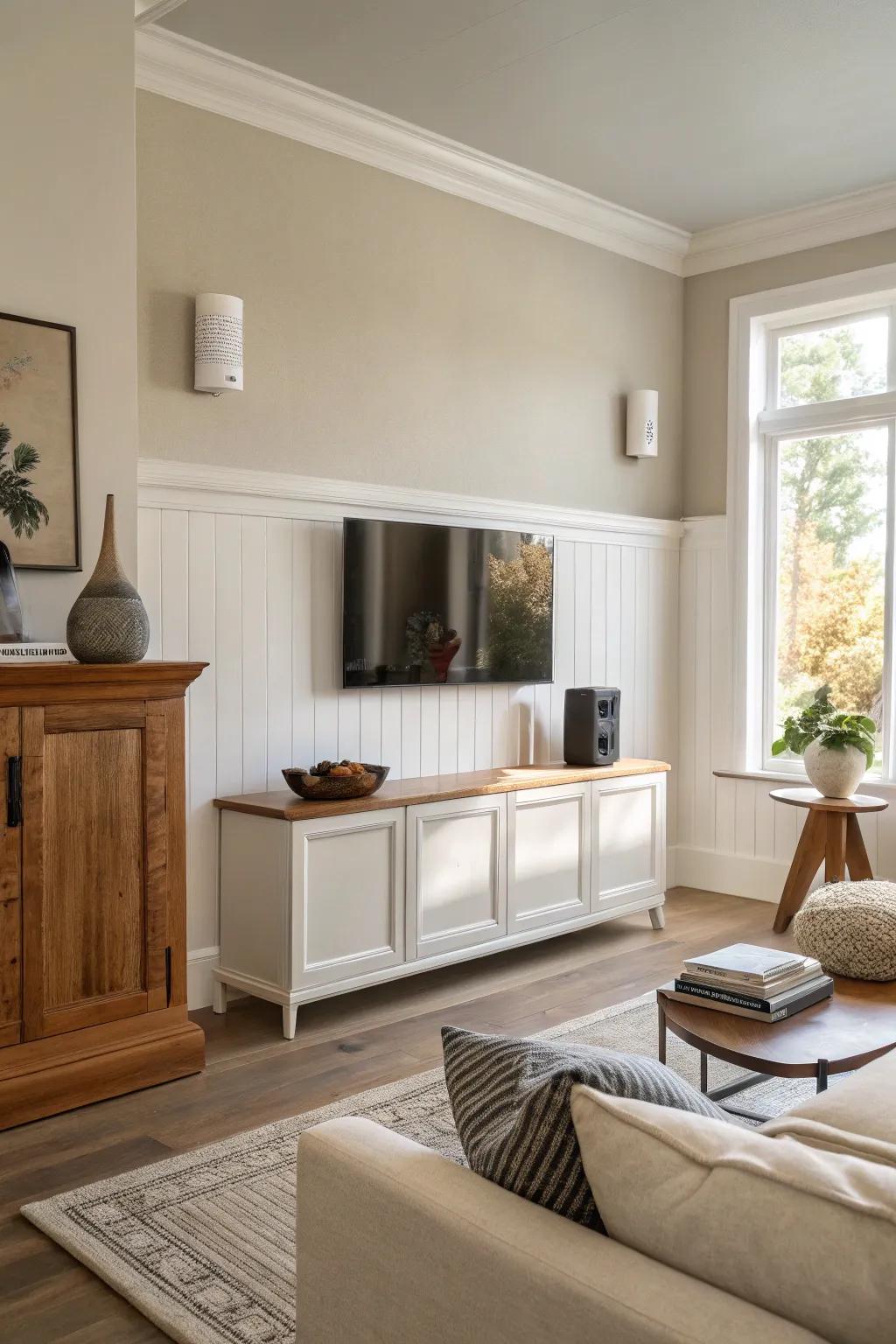 Blend technology and decor with wainscoting caps featuring integrated sound systems for the ultimate entertainment experience.