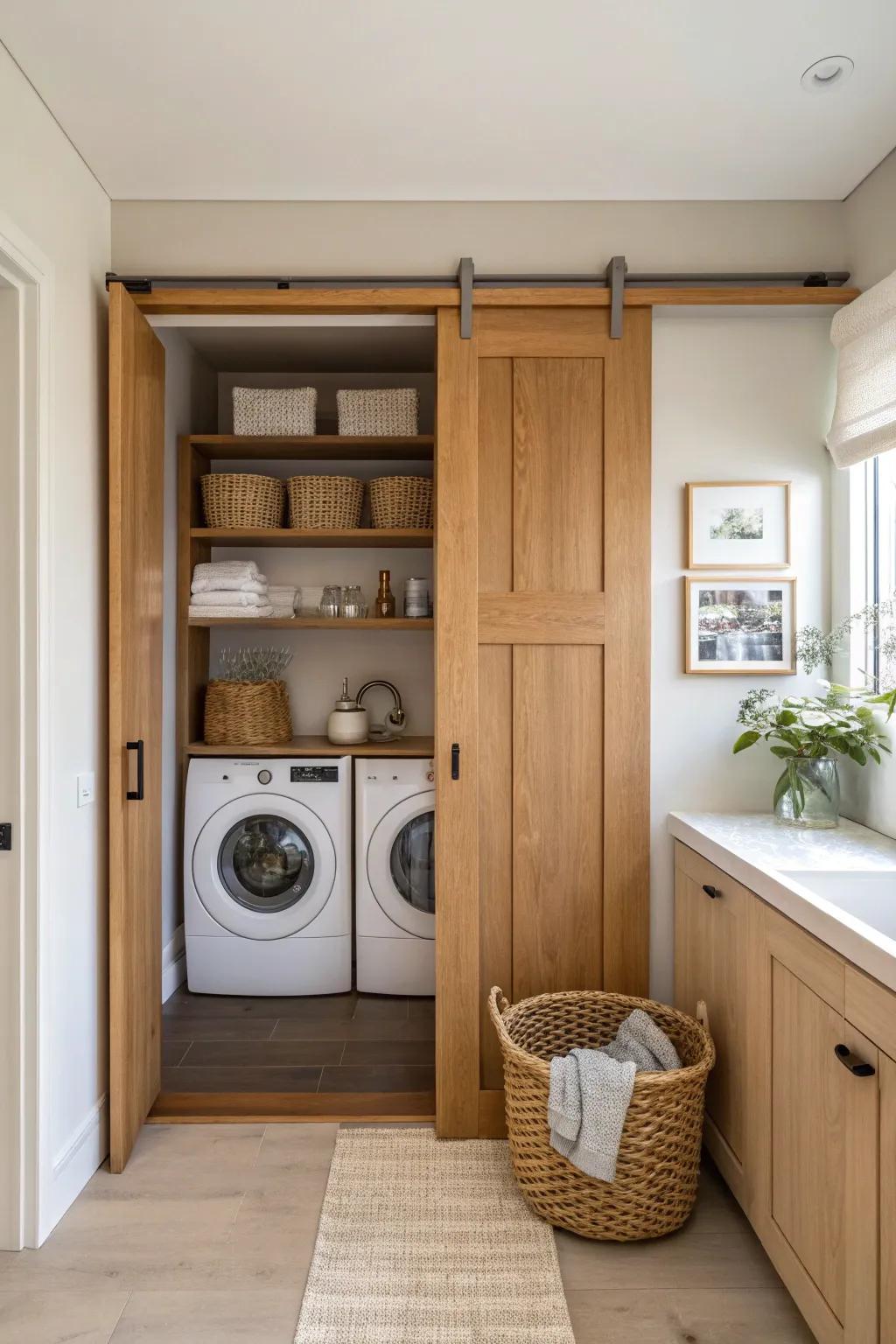 Keep your laundry essentials hidden yet accessible with a stylish closet solution.