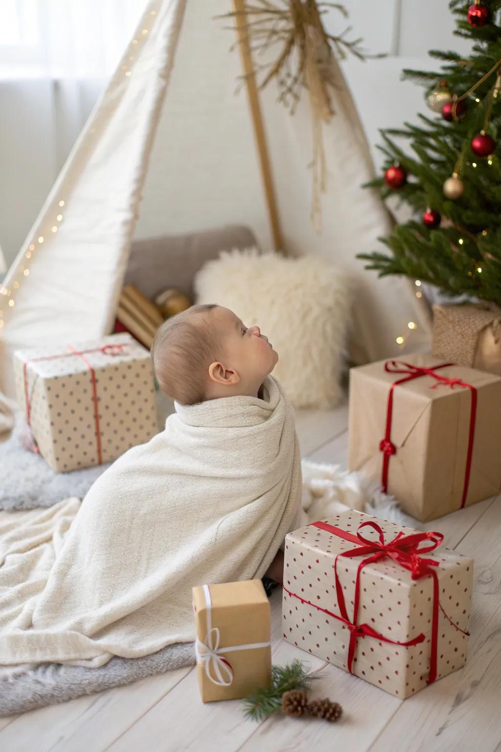 Capture the joy of the season with your little one nestled among festive gifts.